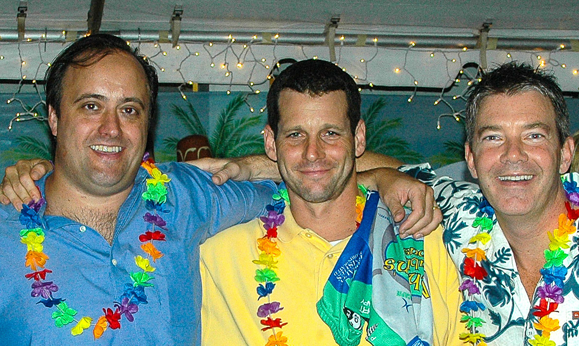 Frank Smith, Chris Segal and Steve Buero at a Hawaiin themed party.