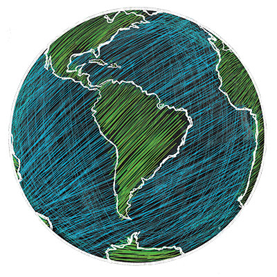 Colored pencil Sketch of a globe, South America is featured.
