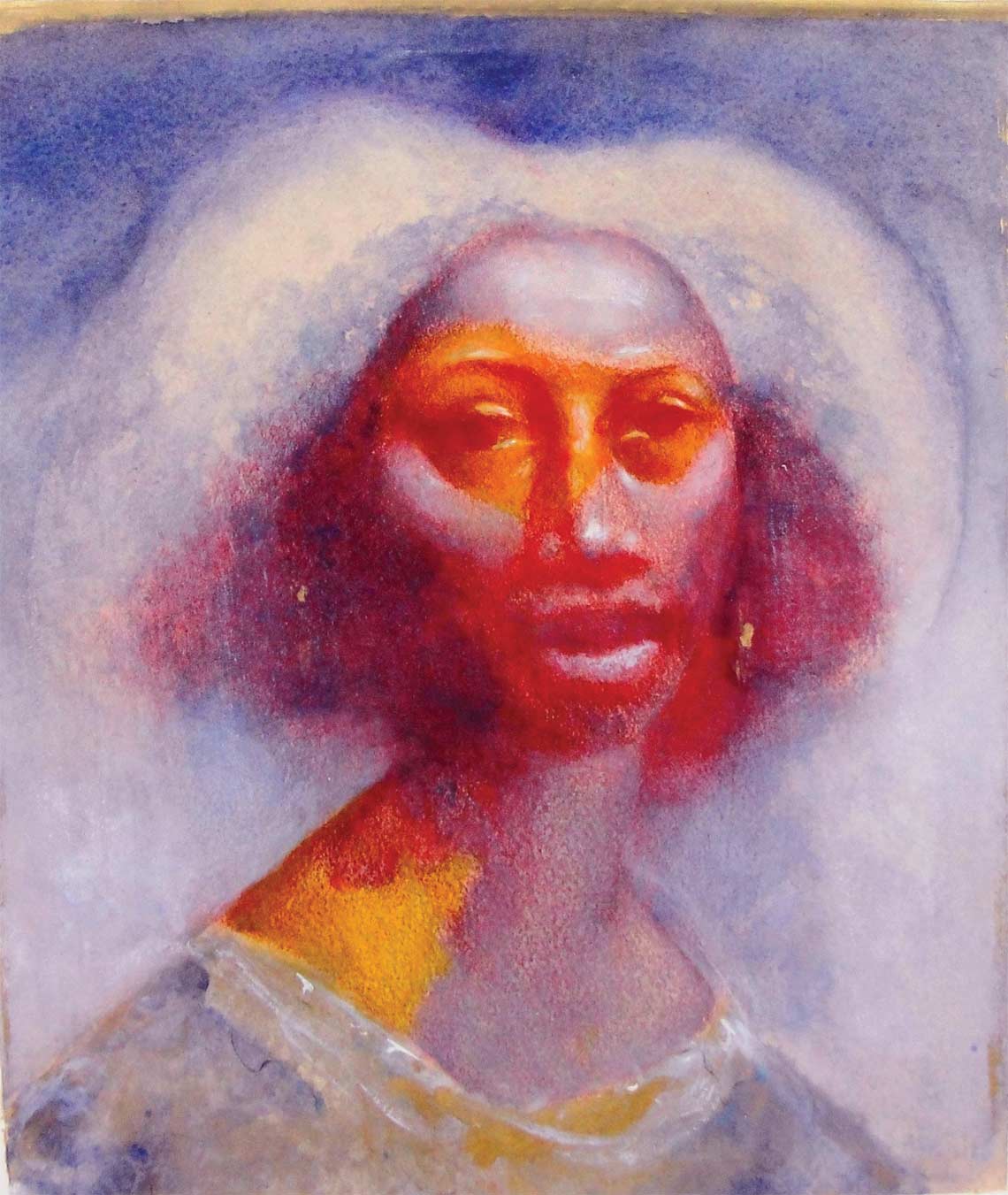 Impressionist painting of African American woman - colors are shages of blue, purple, orange, red and white.