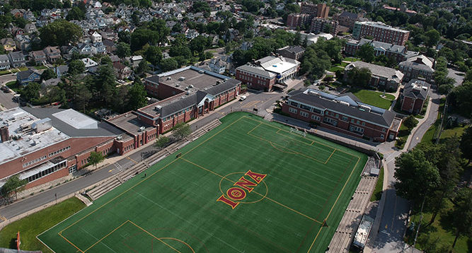 An aerial shot of Mazzella Field and the Iona Campus.