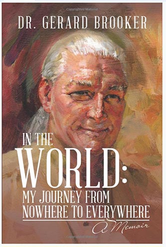 In the world book cover, oil painting og the author smiling.