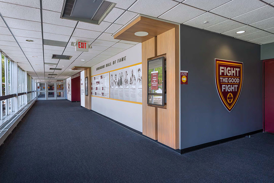 The hall of fame hallway in the Hynes Athletics Center.