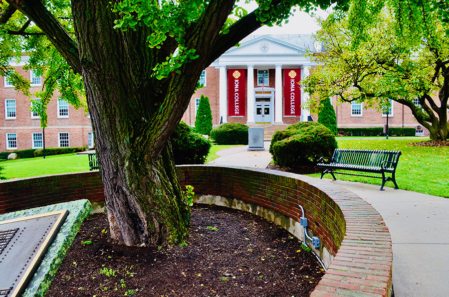 McSpedon Hall as seen from afar through the trees.