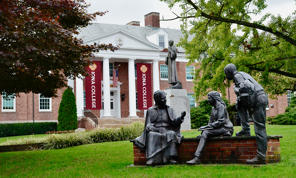 Three statues on Iona's campus.