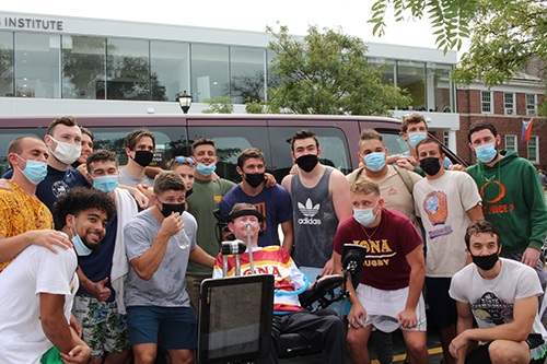 Pat Quinn with the Rugby team doing the ice bucket challenge.