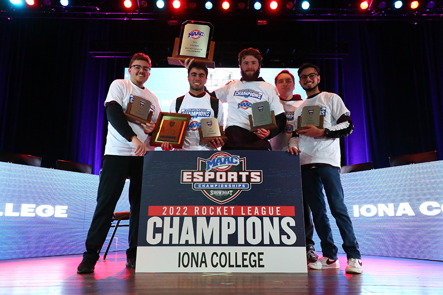 Iona University’s Rocket League team celebrates their 2022 MAAC Championship win.