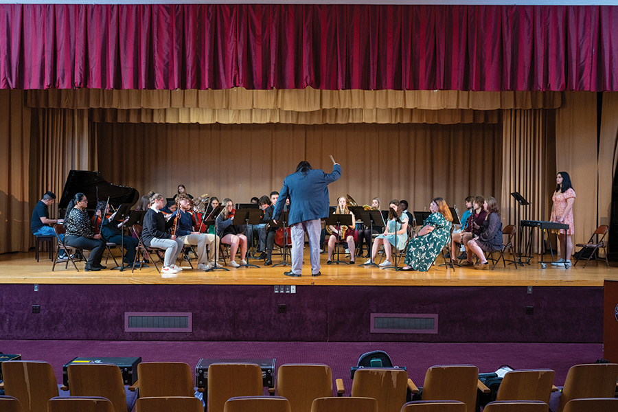 Rosado conducts the Instrumental Ensemble during a rehearsal in the Murphy Auditorium.