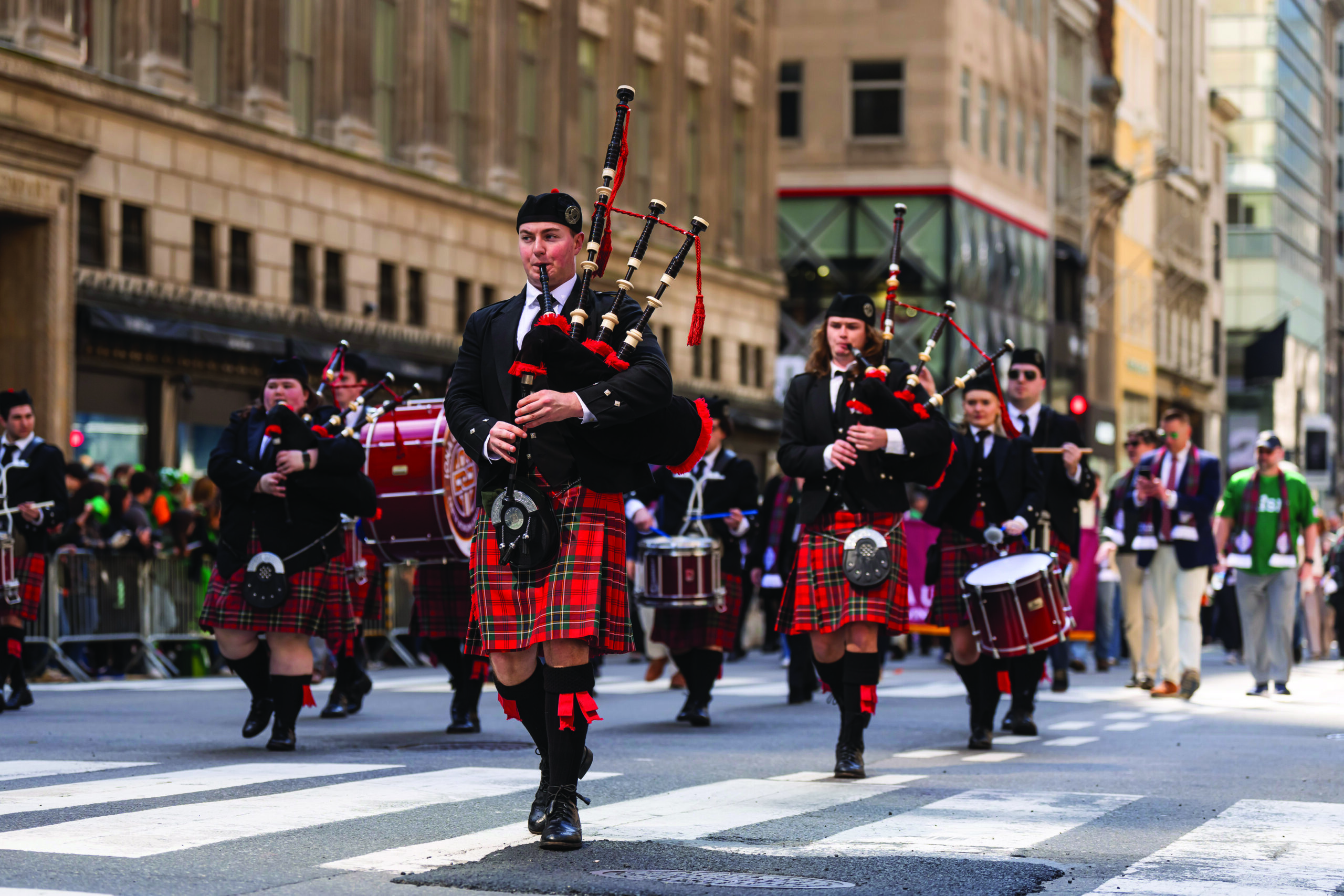 The Pipe Band marches in the St. Patrick's Day parade.